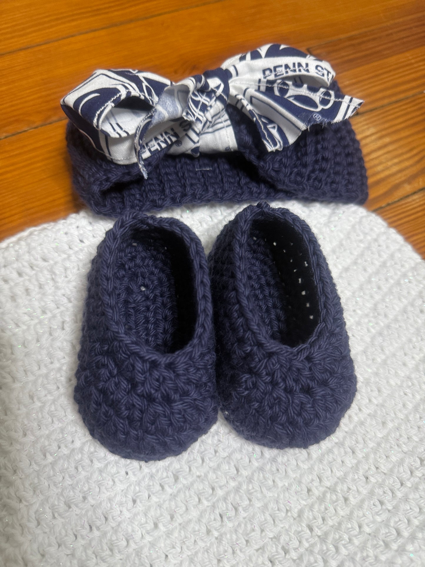Handmade Crochet Navy & White Penn State Baby Set (0–3 Months)