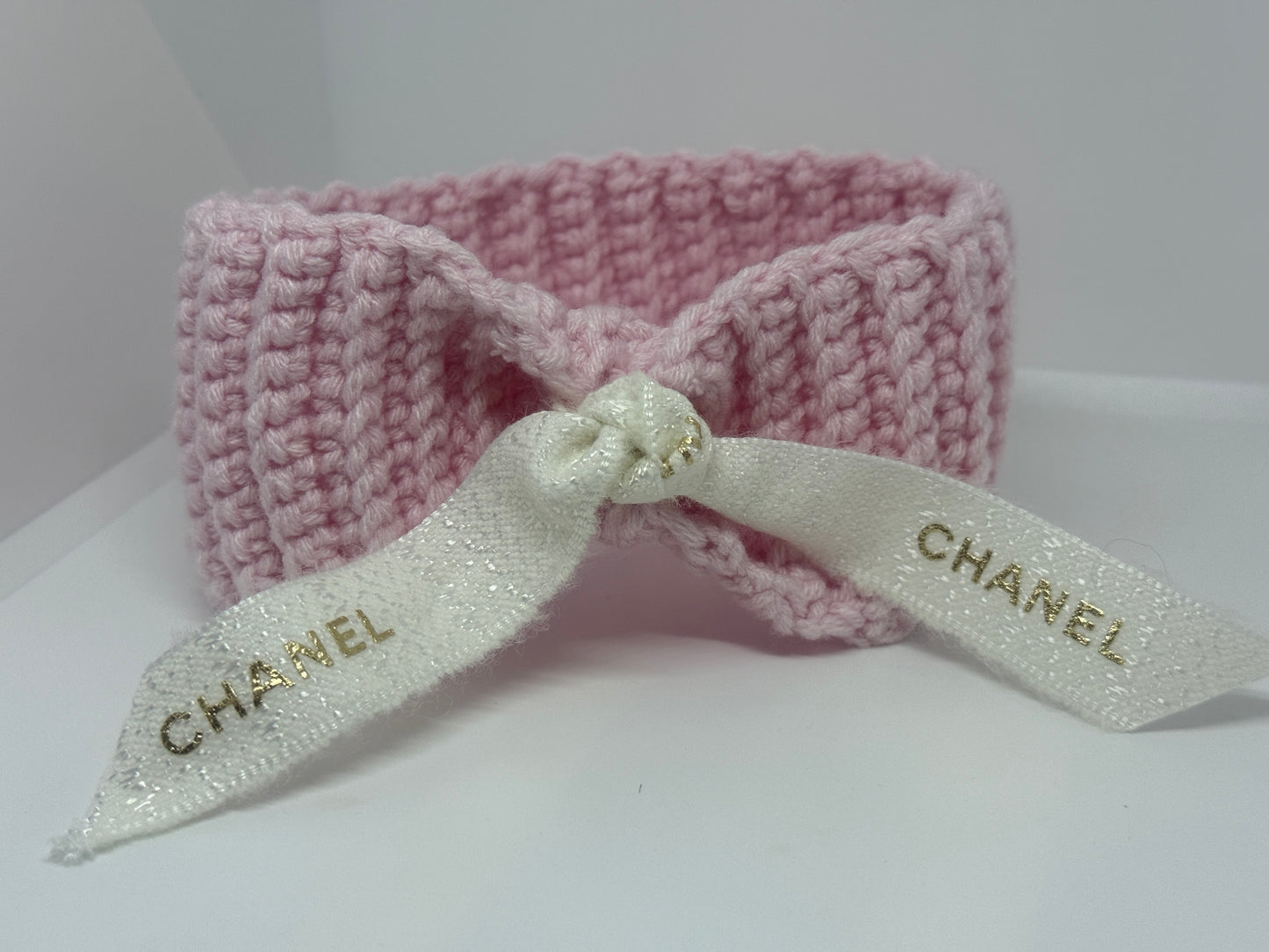 Handmade Crochet Pink Sweater Set with Chanel Ribbon Headband