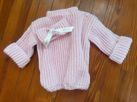 Handmade Crochet Pink Sweater Set with Chanel Ribbon Headband