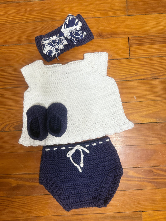 Handmade Crochet Navy & White Penn State Baby Set (0–3 Months)
