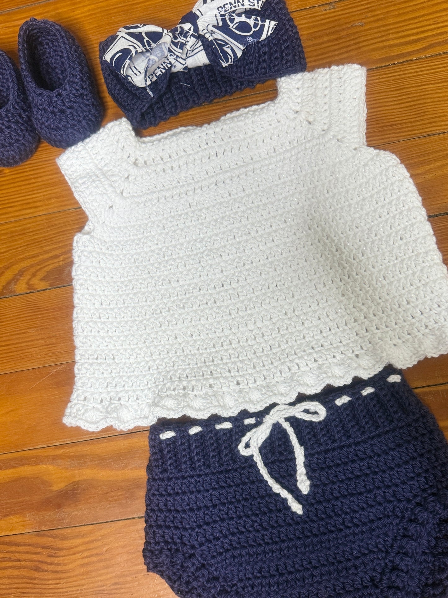 Handmade Crochet Navy & White Penn State Baby Set (0–3 Months)