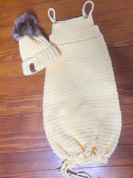 Handmade Crochet Yellow Summer Baby Sack with Hat (Newborn Size)