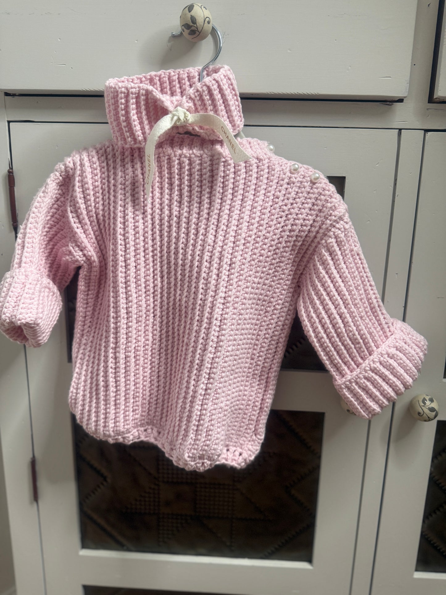 Handmade Crochet Pink Sweater Set with Chanel Ribbon Headband